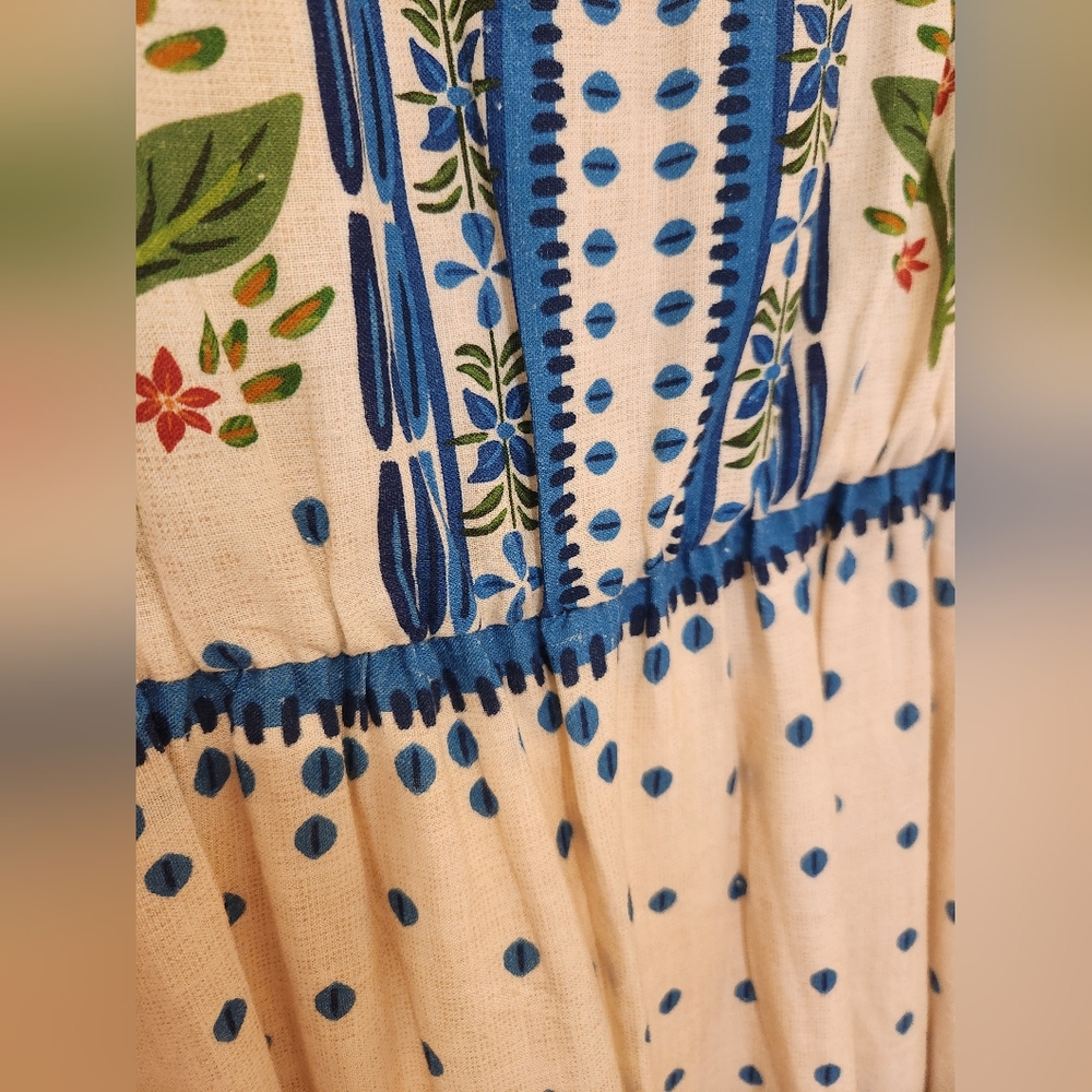 FARM Rio Blue and White Resort Maxi Dress with V-neck Bishop Sleeves - Picture 4 of 16
